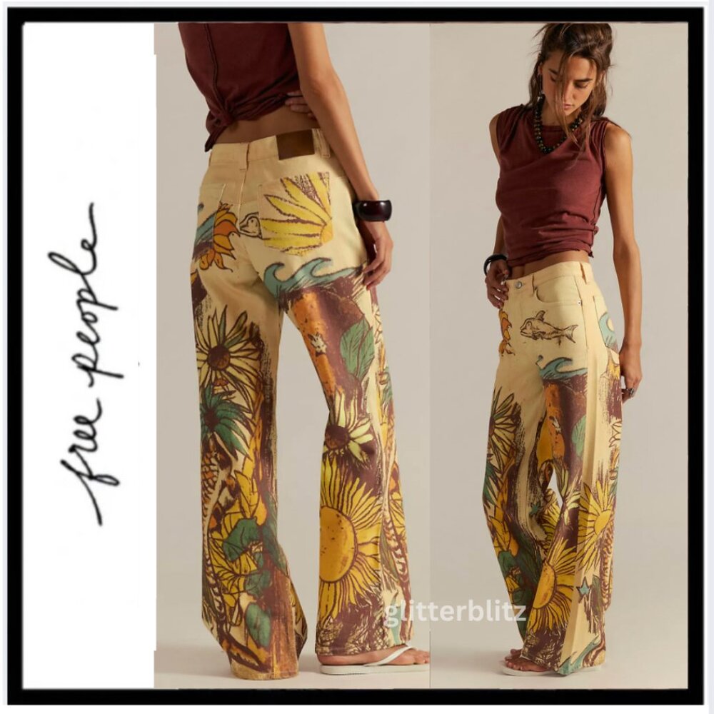 Free People We The Free Tinsley Printed Jeans “Beach Scene” - Picture 3 of 14